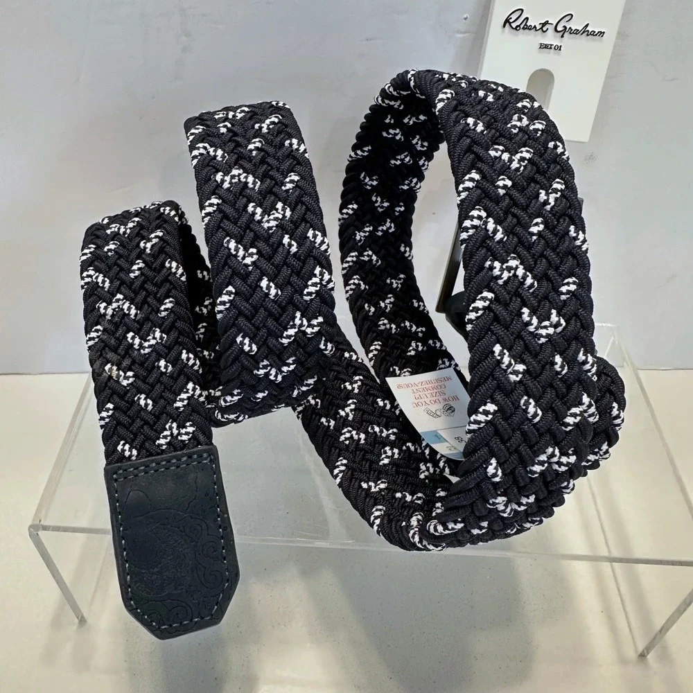 Robert Graham Mens Jacob Belt Navy White Braided‎ Elastic Leather Size 38 Casual